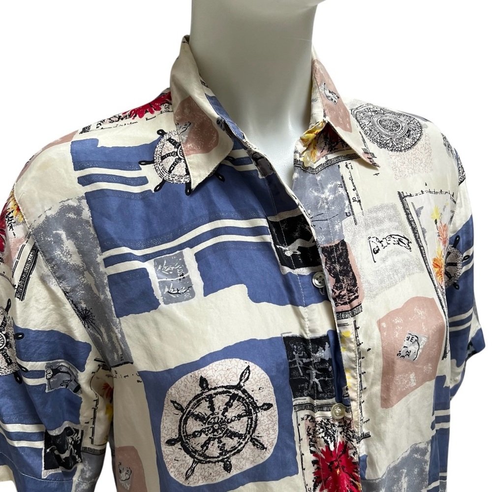 90's Nautical Silk Button Down Shirt Floral Golf Athleisure Beach Resort Wear M